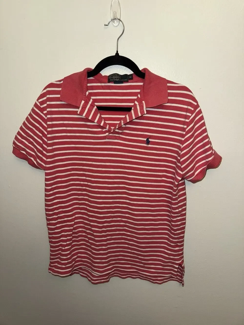 POLO Ralph Lauren Classic Fit Mesh Polo Pink White Stripes | Size Medium Adult